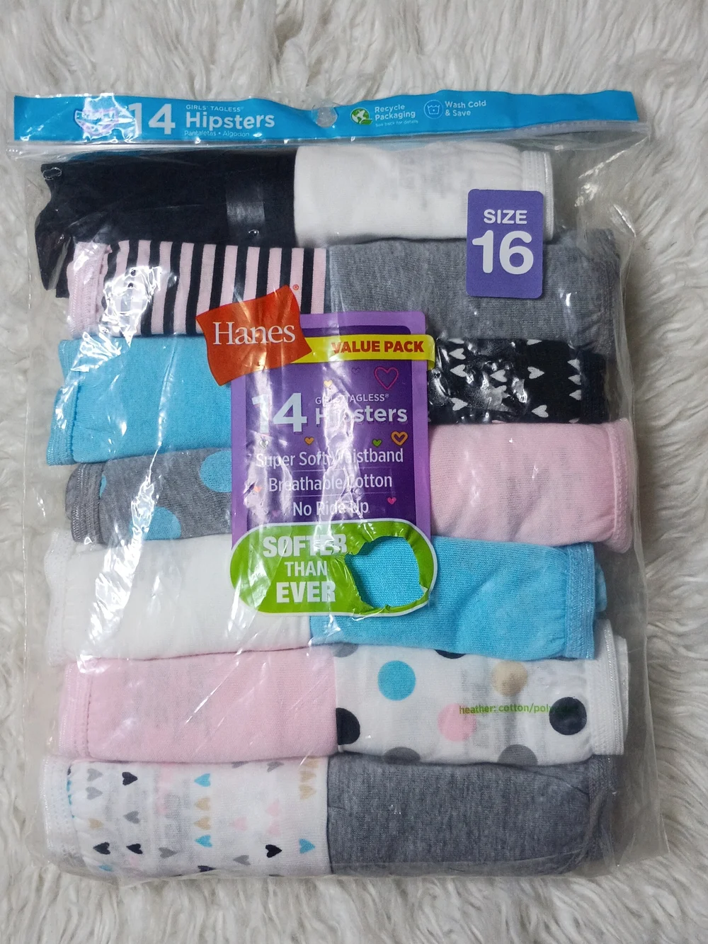 NWT Hanes Girls' Assorted Tagless Super Soft Cotton Hipsters - Size 16 (14-Pack)
